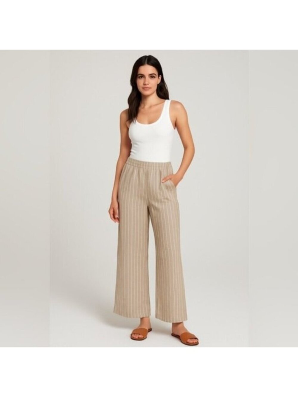 Joie Wide-Leg Linen Blend Pants - Beige Stripe (US L)